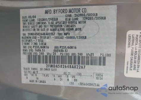 2004 Ford Freestar Limited from USA, damaged, VIN 2FMDA58264BA82267